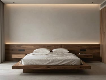 Minimalist bedroom with a low-profile platform bed, soft ambient backlighting, warm greige tones