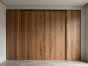 Minimalist bedroom showing a flush wardrobe wall with sliding walnut panels, clean lines, and no visible hardware.