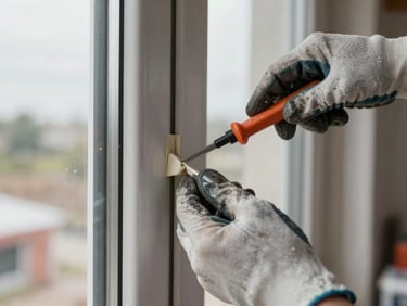 Close-up of a sealant bead being applied along a window frame edge, hands in work gloves, overcast daylight, construction site background out of focus