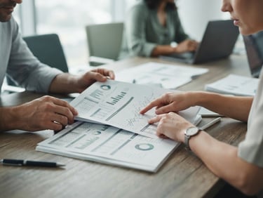 Close-up of hands reviewing printed data reports on a conference table, natural diffused light, focus on documents, collaborative working session