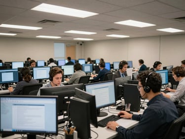 Wide environmental shot of a financial services contact center floor during business hours, rows of agents at dual-monitor workstations with headsets, overhead fluorescent lighting casting even daylight across the room, screens glowing mid-call, shot from a low angle showing scale and operational density