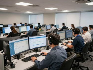 Wide shot of a utility company contact center during midday, agents at workstations with headsets and screens displaying account management dashboards, even overhead lighting, the room busy with active calls, shot from the back of the floor to convey operational scale