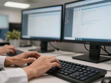 Close-up of a healthcare contact center agent's hands on a keyboard during an active call, dual monitors visible in the background showing scheduling software mid-entry, even office fluorescent lighting, tight framing emphasizing precision and focus