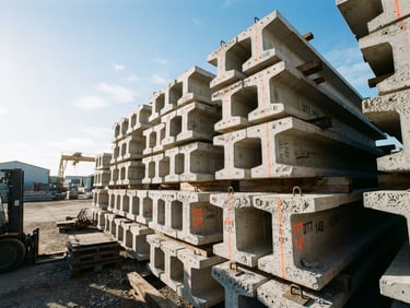 Low-angle shot of stacked double T concrete poles in a bright open-air factory yard, crisp morning sun casting sharp shadows, raw concrete texture, safety orange markings visible on the sides