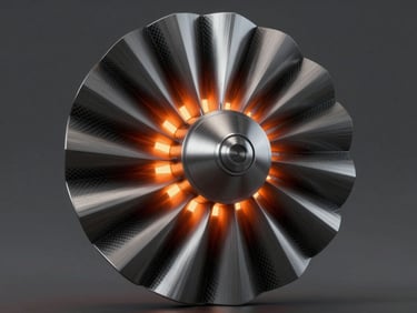 Abstract 3D render of a metallic turbine with glowing orange light leaks, dark brushed aluminum texture, octane render style, wide angle
