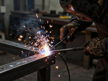 Close-up of a metalworker welding steel in a dark workshop, bright orange sparks flying, dramatic side-lighting, raw grit