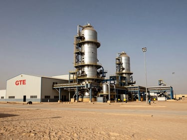 Wide panoramic exterior of GTE heavy industrial manufacturing plant in Sadat City Egypt, dusty desert sky, high-contrast, midday lighting