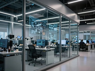 Interior of a modern high-tech corporate engineering office and technical support lab in Cairo, sleek glass walls, technical schematics on screens, cool lighting