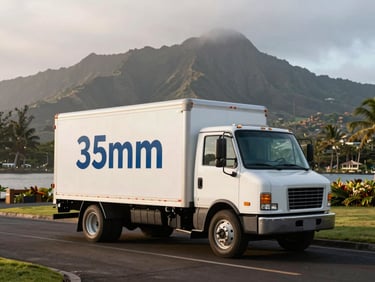 Branded delivery truck parked outside a luxury resort dock in Hawaii, clean morning light, professional editorial framing, 35mm.