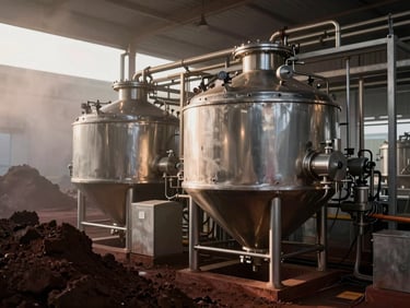 Industrial wet-milling facility interior, stainless steel equipment, warm industrial lighting, sharp focus, 35mm.