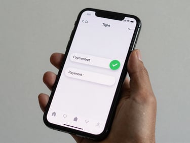 Tight UI mockup of a smartphone screen showing a resolved Instagram DM conversation, a clean payment link sent and a green checkmark indicating a completed transaction, bright neutral studio lighting.