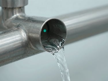 Macro close-up of pure water flowing through a high-grade stainless steel pipe, cool daylight, sharp focus on teal indicator light, 35mm