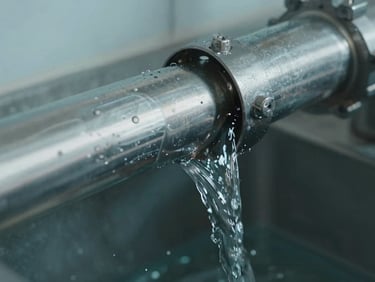 Macro shot of clear water flowing through a stainless steel pipe with digital sensor overlays, cool daylight, 35mm