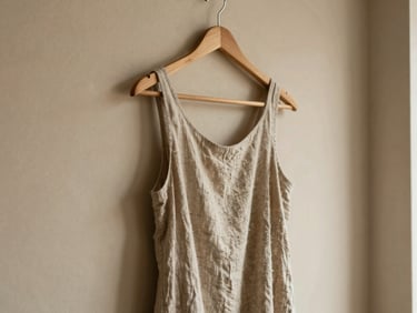 A beautifully draped linen dress hanging on a minimal wooden hanger against a warm beige textured wall, soft natural daylight, shallow depth of field