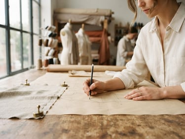 Warm editorial photography of a modern fashion workshop, hands sketching a pattern on a large wooden table, soft natural window light, beige and cream tones, 35mm