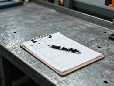Industrial documentary photograph of a clipboard with a bulk order form and a pen, on a metal workbench in a shipyard, harsh direct daylight, high-contrast cool tones, sharp focus, 35mm