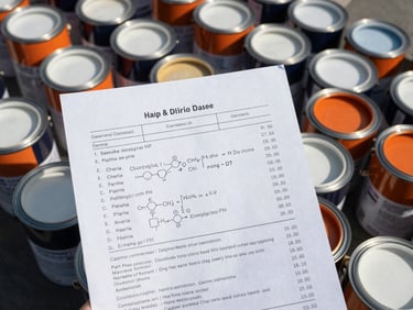 Industrial documentary photograph of a technical data sheet with chemical formulas and DFT values, alongside cans of marine paint, harsh direct daylight, high-contrast cool tones, sharp focus, 35mm