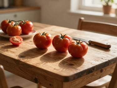 Diffused golden hour light illuminating a rustic wooden table with fresh heirloom tomatoes and kitchen tools, soft shadows, cozy Mediterranean atmosphere.