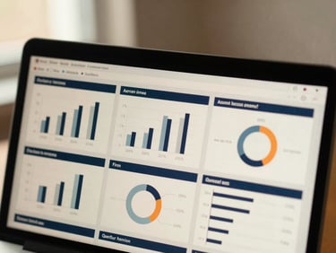 A sharp macro shot of a clean digital interface displaying analytics dashboards, 35mm film.