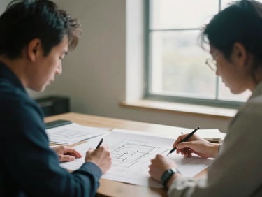 A collaborative session between two professionals reviewing architectural office details, natural window light, 35mm film.