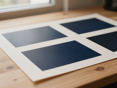 Close-up of physical media proofs on a clean wooden workspace, soft warm light, 35mm film.