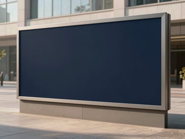 A large physical billboard displaying a minimalist design in a clean modern city plaza, soft morning light, architectural shadows, 35mm film