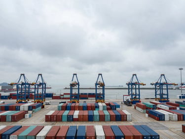 Wide-angle environmental shot of an overcast harbor sky above structured rows of cargo containers at a major deepwater port terminal.