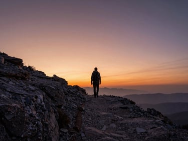 Wide shot of a lone hiker on a rocky San Gabriel mountain trail at dawn, orange and purple sky low on the horizon, dramatic silhouette, expansive negative space above