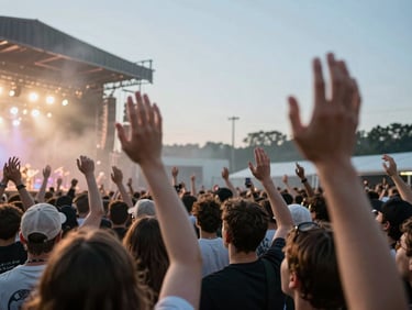 Wide crowd shot at an outdoor punk concert, stage lights cutting through haze from the left, hands raised in the foreground, motion blur on the crowd, available light only