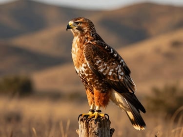 Close-up of a red-tailed hawk perched on a weathered wooden post at golden hour, feathers sharp against a blurred dry California hillside, warm side light, high contrast