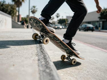 Low-angle ground shot of a skateboarder's wheels leaving the lip of a concrete ledge mid-ollie, Pasadena street in background, harsh midday light, film grain