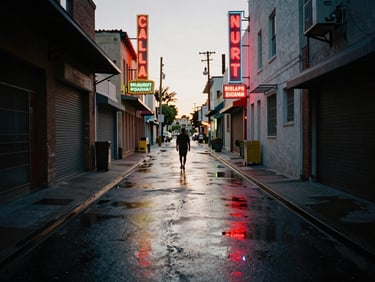Street-level wide shot down a Pasadena alley at dusk, wet pavement reflecting neon signage, a lone figure walking away in the distance, high contrast shadows, film grain