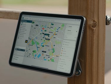 Close-up of a digital tablet displaying mapping software on-site next to a solid timber playground post, structured framing, neutral daylight.