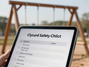 Close-up of a digital tablet displaying a precise playground safety checklist on site, with a solid timber swing set structure softly blurred in the daylight background.