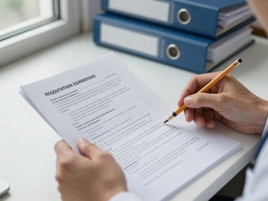 Close-up of a researcher's hands reviewing printed regulatory submission documents on a desk, pages annotated in pencil, natural window light from the left, stacks of binders visible in the background