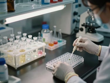 Wide laboratory bench view from above, glass vials and compound trays arranged in rows under overhead fluorescent light, researcher's gloved hands pipetting a sample into a well plate, clinical and precise