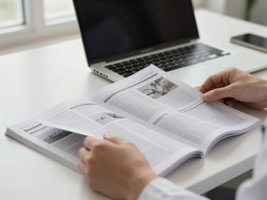 Close-up of a researcher's hands arranging printed journal papers on a light-coloured desk, titles partially visible, natural window light from one side, a laptop open in the background