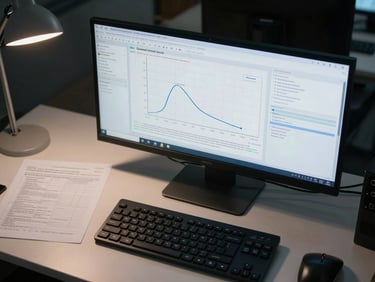 Overhead view of a data analysis workstation, a monitor displaying survival curve plots and statistical output, printed tables beside a keyboard, overhead office light, no people visible