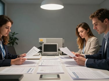 Wide shot of a pharmacovigilance review meeting, open safety reports on a conference table under overhead ceiling light, two researchers reviewing documents side by side, no faces visible