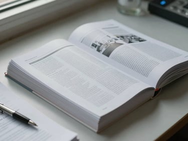 Close-up overhead view of a research desk under diffused window light, stack of printed journal articles with visible abstract headers, a pen resting across an open page, neutral background, documentary framing