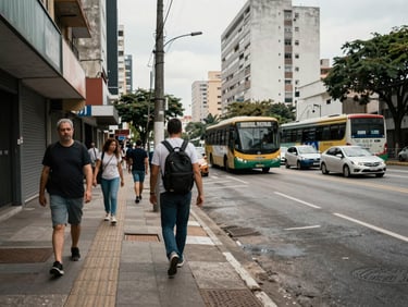 Street-level view of a neighborhood block near Terminal Vila Nova Cachoeirinha in São Paulo, daytime, bus terminal visible in background, pedestrians on sidewalk, ordinary urban Zona Norte context