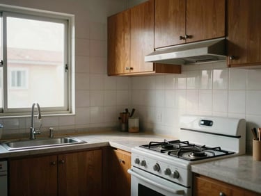 Kitchen of a Zona Norte residential house — tiled walls, gas stove, simple wooden cabinet, natural morning light through window, real everyday look, no decoration styling