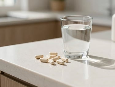 A clean, bright close-up of natural supplements and a fresh glass of water on a white stone countertop in morning sunlight