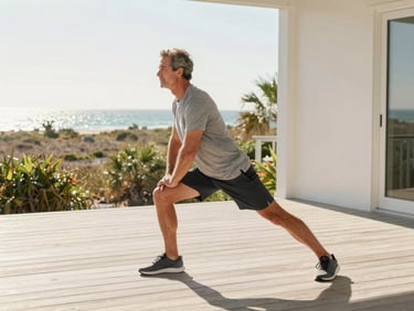 An active adult performing a controlled movement stretch on a sunlit wooden deck overlooking coastal Florida greenery