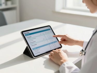 Hands of a clinical consultant pointing at biomarker data on a tablet in a bright, modern consulting room, soft natural shadows, Florida morning light.