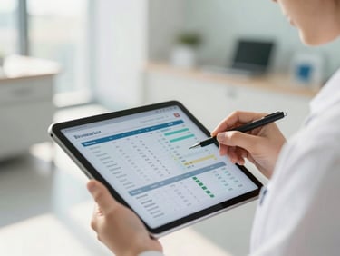 Close-up of a professional consultant reviewing biomarker data charts on a tablet in a sunlit modern clinic, soft depth of field