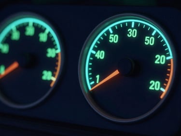 Abstract data visualization with two glowing neon-cyan and muted green gauges, displaying real-time directional pressure, dark quantitative aesthetic.