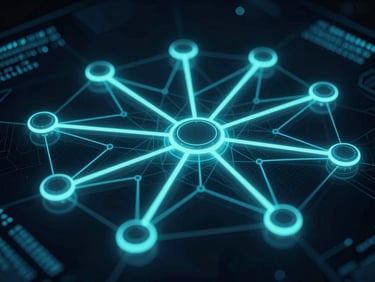 Abstract representation of a neural network with interconnected nodes and glowing neon-cyan pathways, symbolizing an AI council, dark quantitative aesthetic.