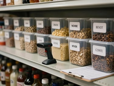 Restaurant stockroom shelves with labeled ingredient bins, a barcode scanner resting on a shelf edge, inventory list on a clipboard nearby, neutral overhead lighting
