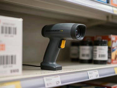 Handheld barcode scanner resting on a retail shelf edge, product barcodes visible in background, neutral overhead lighting, no people